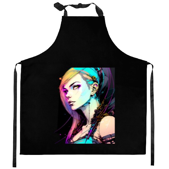 Neon Dreams A Cyberpunk Girl with Orange Teal Hair Kitchen Aprons