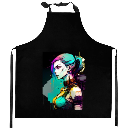 Bold and Beautiful Cyberpunk Girl with Teal Hair Kitchen Aprons