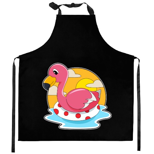 Flamingo At Swimming With Lifebuoy Kitchen Aprons