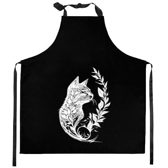 Cute Little Cat In Nature Tattoo Style Kitchen Aprons