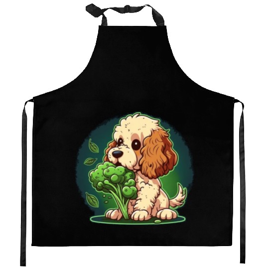 Cute dog eats green broccoli vegetables Kitchen Aprons