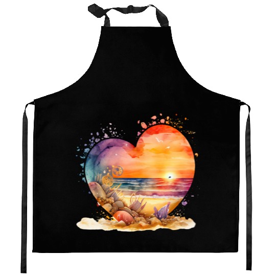Retro Beach Heart Sunset Watercolor 5 Kitchen Aprons