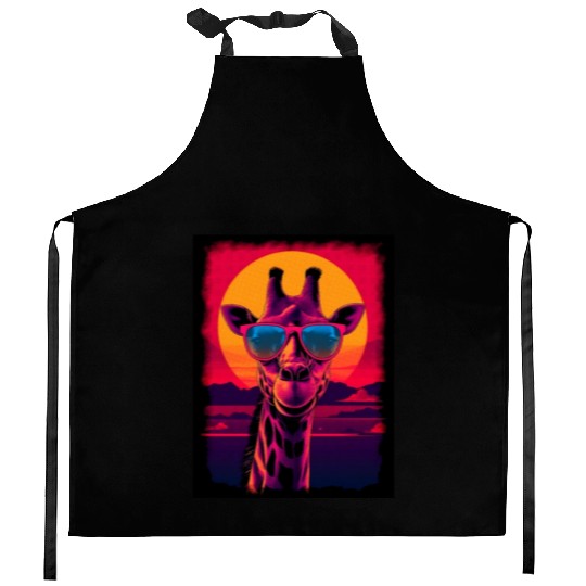 80s Synthwave Giraffe Kitchen Aprons