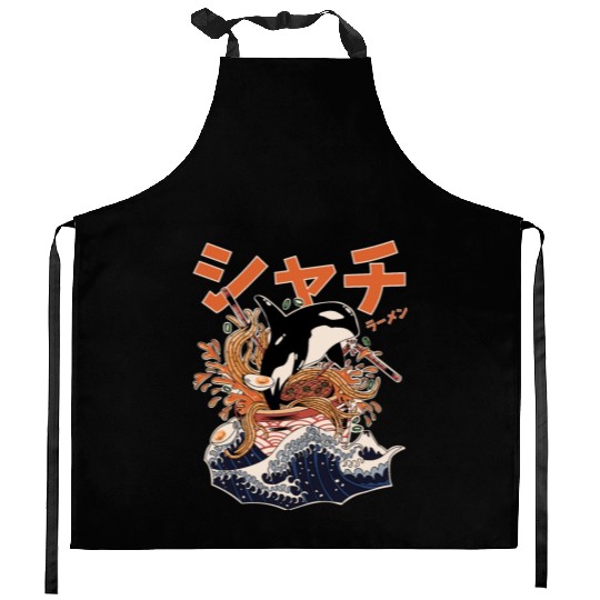 The Great Orca Killer Whale Ramen (Japanese Text) Kitchen Aprons