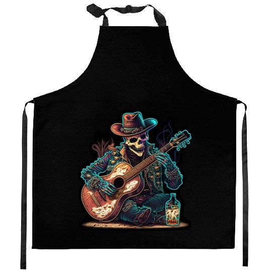 cowboy skeleton play guitar Kitchen Aprons