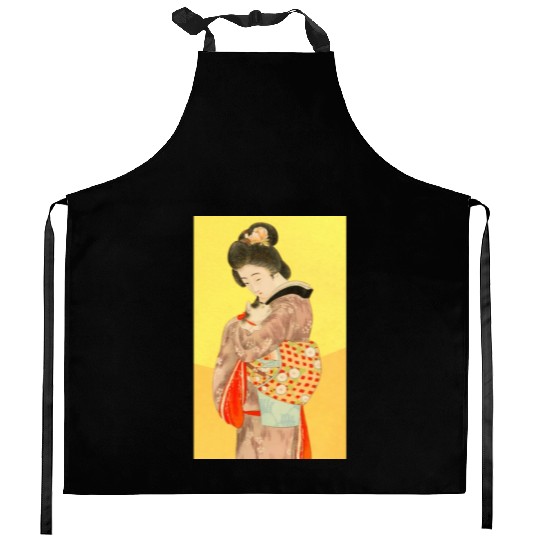 Geisha in Kimono with Cat Retro art Kitchen Aprons
