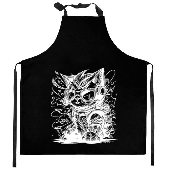 Little Cool Space Cat Splash Tattoo Style Kitchen Aprons