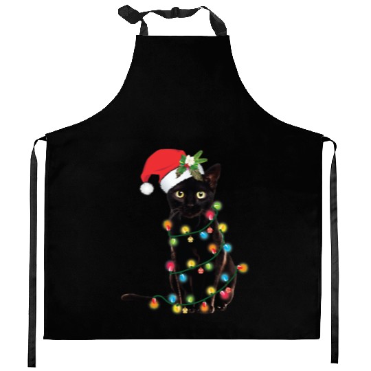 Black Santa Cat Tangled Up In Lights Christmas Kitchen Aprons