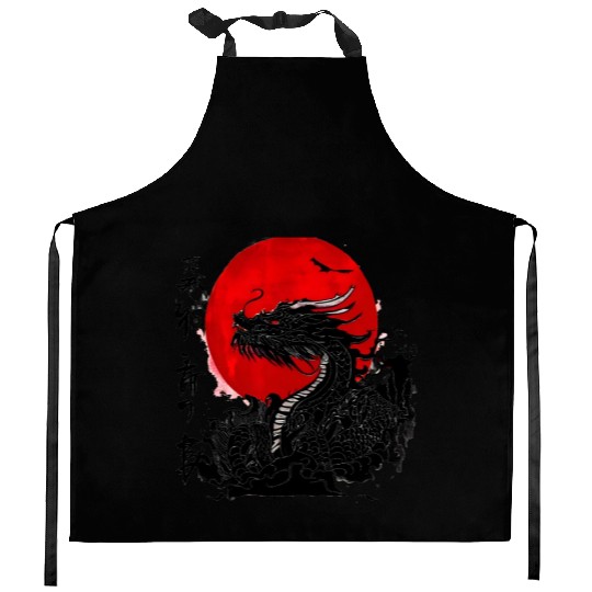 Dragon and crimson sun with ink japanese Kitchen Aprons
