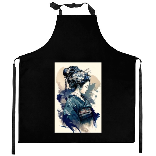 Geisha Watercolor Sea Waves Asian Art Woman Poster Kitchen Aprons