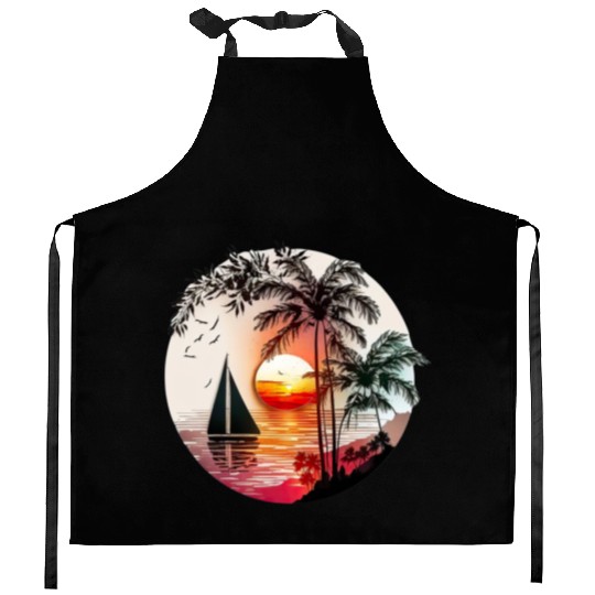 Beach Sunset Sailboat Palm Trees Ocean Vacation 4 Kitchen Aprons