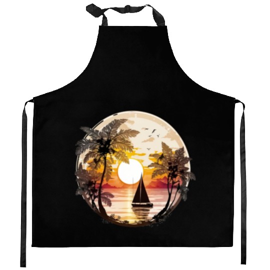 Beach Sunset Sailboat Palm Trees Ocean Vacation 5 Kitchen Aprons