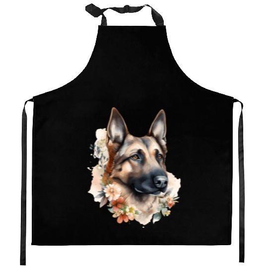 German Shepherd Dog Watercolor Floral Kitchen Aprons