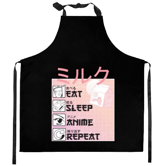Eat Sleep Anime Repeat Straweberry Milk Japanese Kitchen Aprons