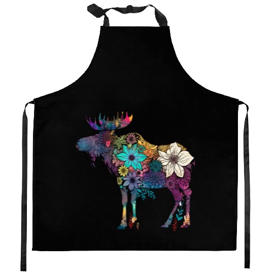 Floral Moose Elk Deer Wild Animal Watercolor Kitchen Aprons