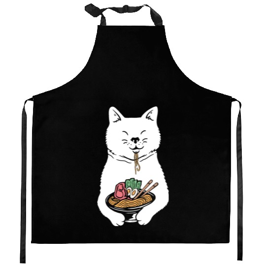 Cute Cat Eating Ramen Kitchen Aprons