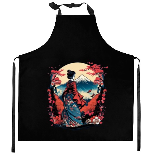 Mount Fuji Fujisan Fujiyama Floral Geisha Kitchen Aprons