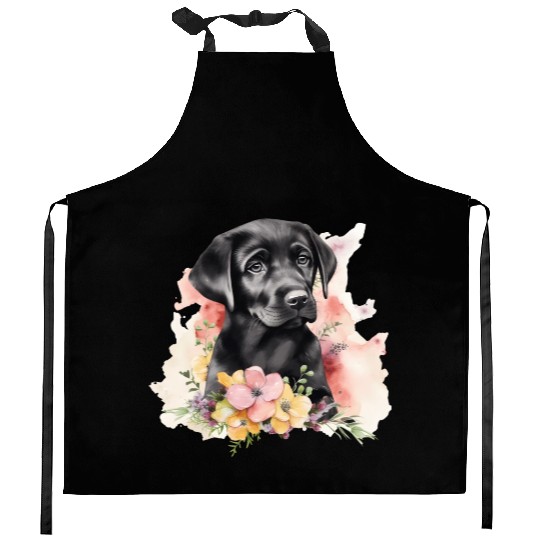 Black Lab Dog Watercolor Floral Kitchen Aprons