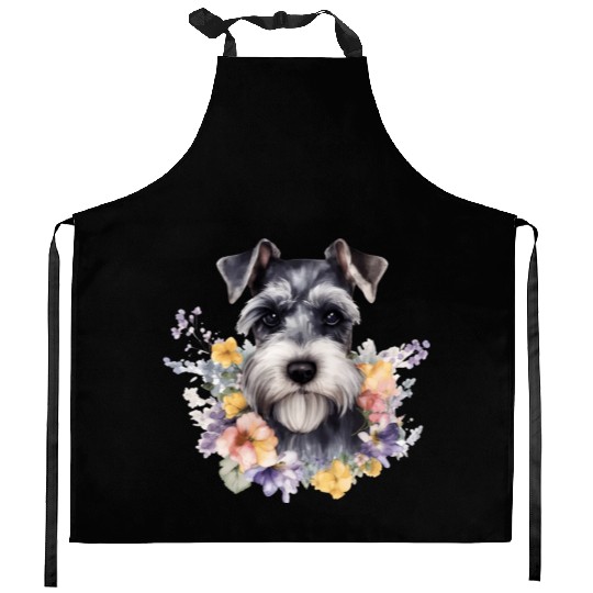 Schnauzer Dog Watercolor Floral Kitchen Aprons