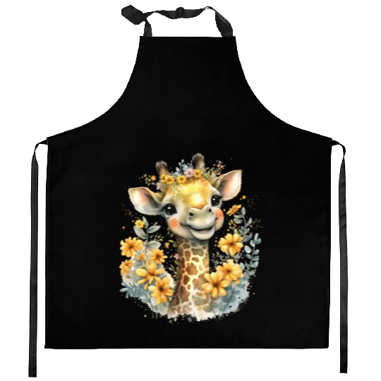 Baby Giraffe Safari Animal Watercolor Floral Kitchen Aprons
