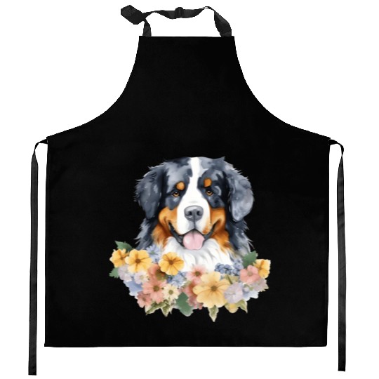 Bernese Mountain Dog Watercolor Floral Kitchen Aprons