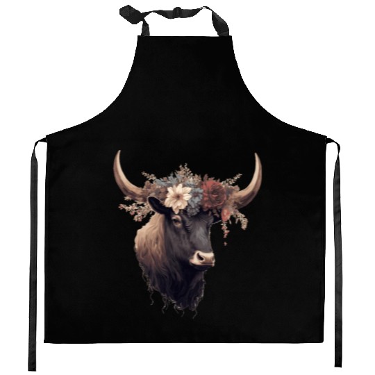 Cute Yak Flower Crown Yaks Floral Farm Animal Pet Kitchen Aprons
