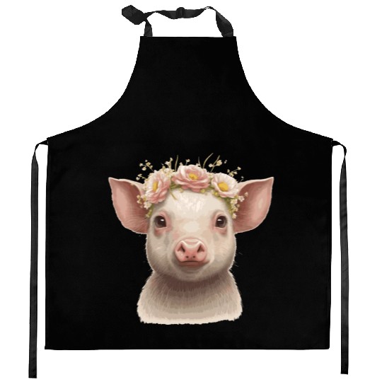 Cute Piglet Flower Crown Baby Pig Floral Farm Anim Kitchen Aprons