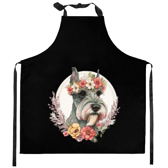 Cute Mini Schnauzer Flower Crown Pet Dog Breed Flo Kitchen Aprons