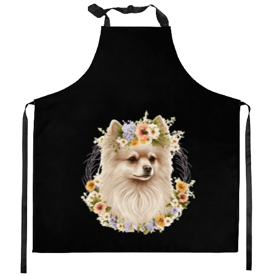 Cute Pomeranian Pom Flower Crown Pet Dog Breed Flo Kitchen Aprons