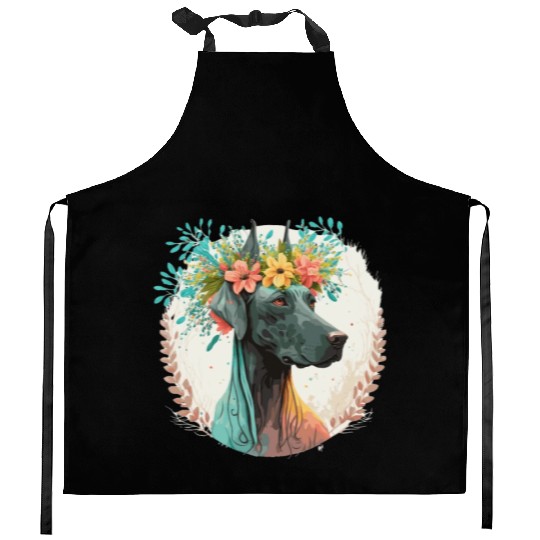 Cute Great Dane Flower Crown Pet Dog Breed Floral Kitchen Aprons