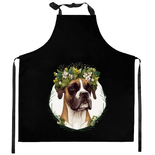 Cute Boxer Dog Flower Crown Pet Dog Floral Puppy Kitchen Aprons