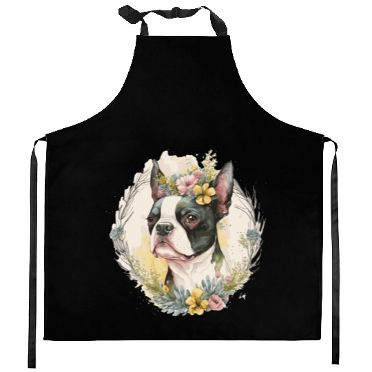 Cute Boston Terrier Flower Crown Pet Dog Breed Flo Kitchen Aprons