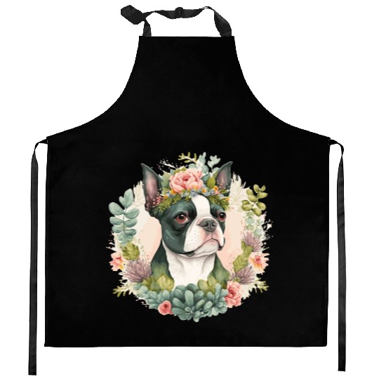 Cute Boston Terrier Flower Crown Pet Dog Floral Pu Kitchen Aprons