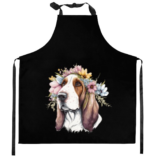 Cute Basset Hound Flower Crown Pet Dog Breed Flora Kitchen Aprons