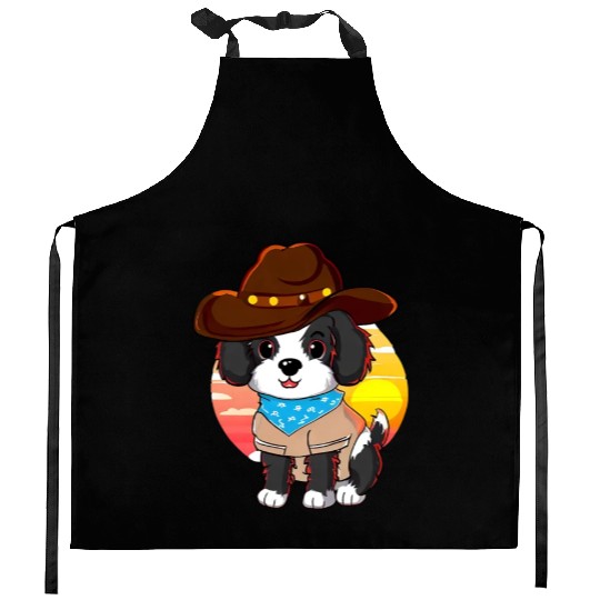 Cowboy dog at sunset Kitchen Aprons
