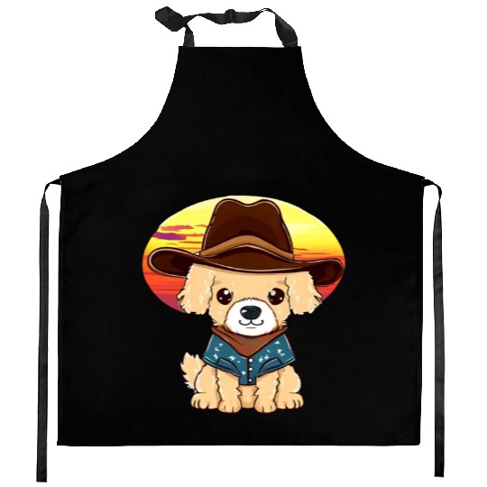 Cowboy dog at sunset Kitchen Aprons