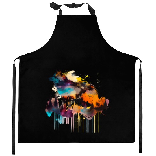 Mountain Wolf Multicolor Watercolor Portrait Kitchen Aprons