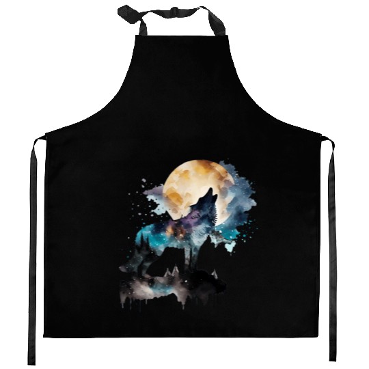 Mountain Wolf Multicolor Watercolor Portrait Kitchen Aprons