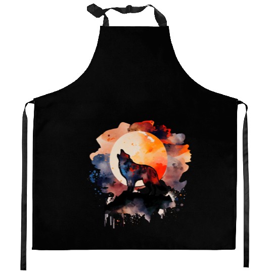 Wolf Howling at Moon Watercolor Kitchen Aprons