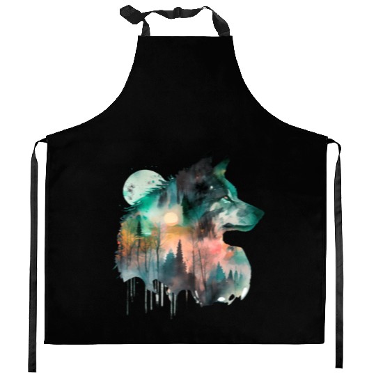 Forest Wolf Watercolor Portrait Kitchen Aprons