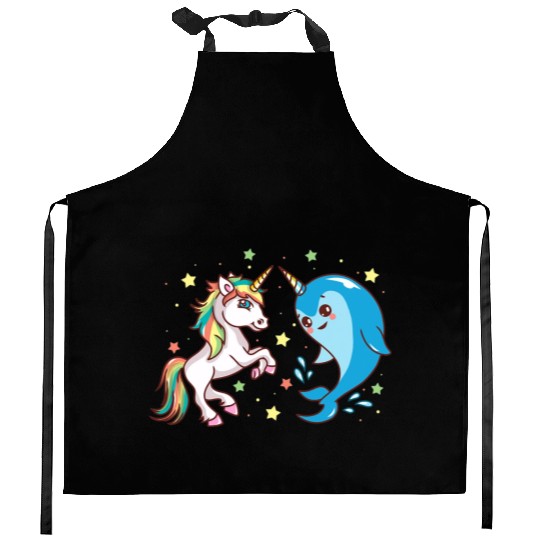 Cute Funny Horned Narwhal And Unicorn Friends Kitchen Aprons