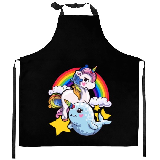 Cute Horned Narwhal And Unicorn Animal Friends Kitchen Aprons