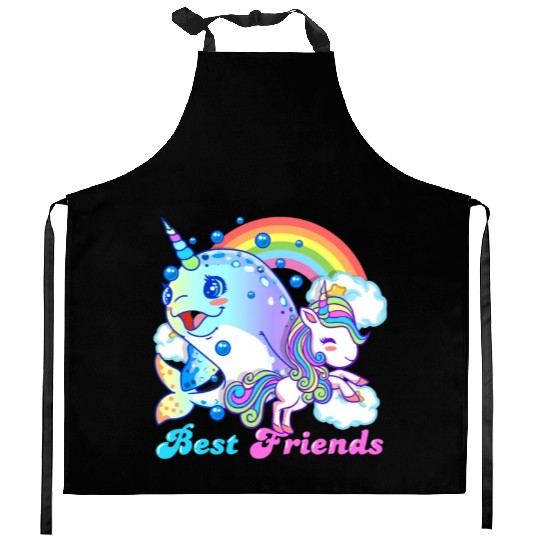 Cute Horned Narwhal And Unicorn Best Friends Kitchen Aprons