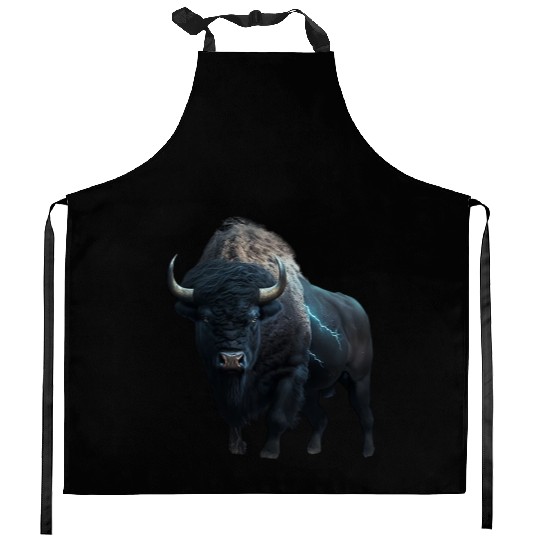 Majestic bison black with lightning bolts buffalo Kitchen Aprons