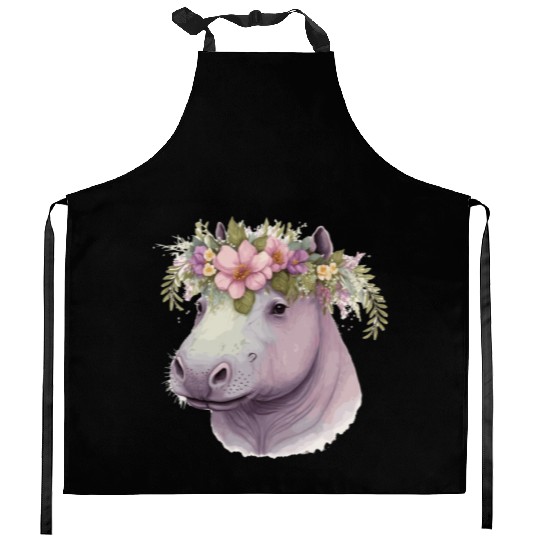 Watercolor Hippotamus Flower Crown Floral Pastel A Kitchen Aprons