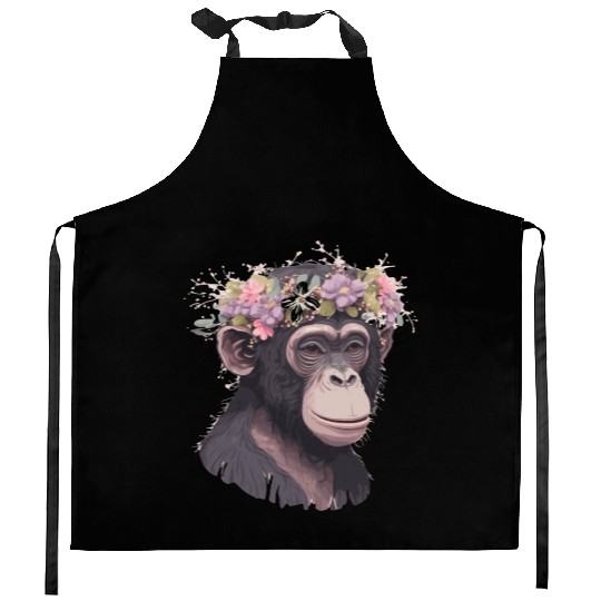Cute Chimp Chimpanzee Flower Crown Floral Ape Monk Kitchen Aprons