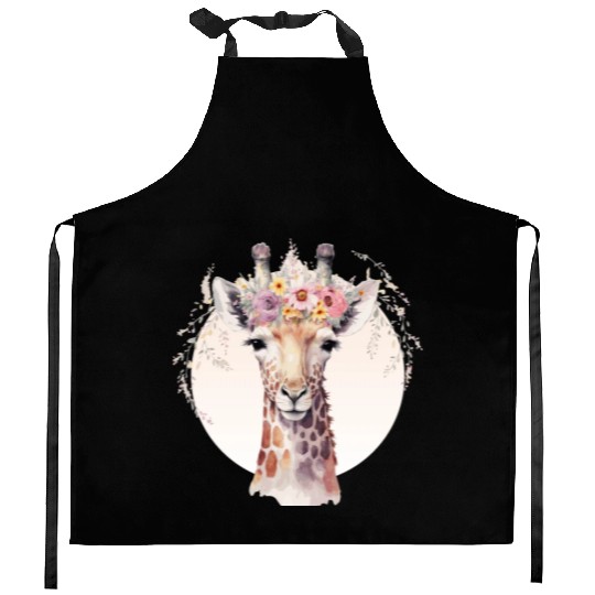 Cute Giraffe Flower Crown Africa Safari Animal Kitchen Aprons