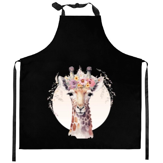 Cute Giraffe Flower Crown Africa Safari Animal Kitchen Aprons