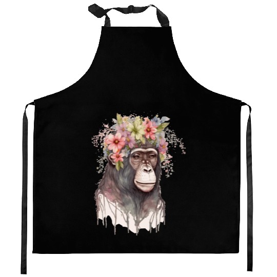 Cute Monkey Flower Crown Floral Watercolor Kitchen Aprons