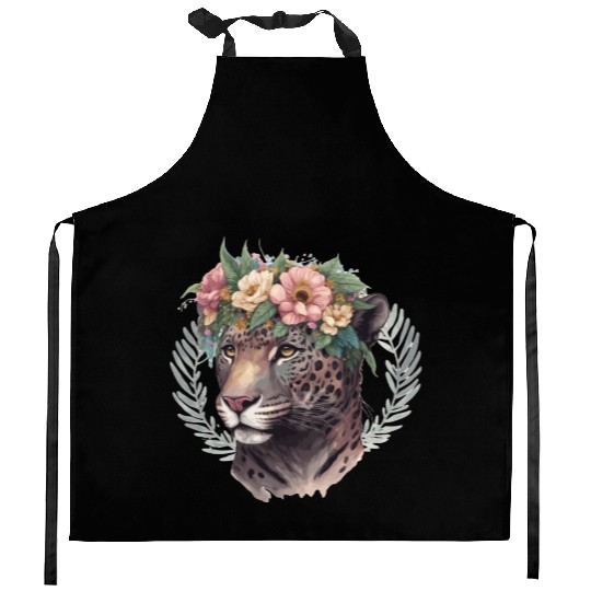Watercolor Jaguar Flower Crown Wild Cat Lover Kitchen Aprons